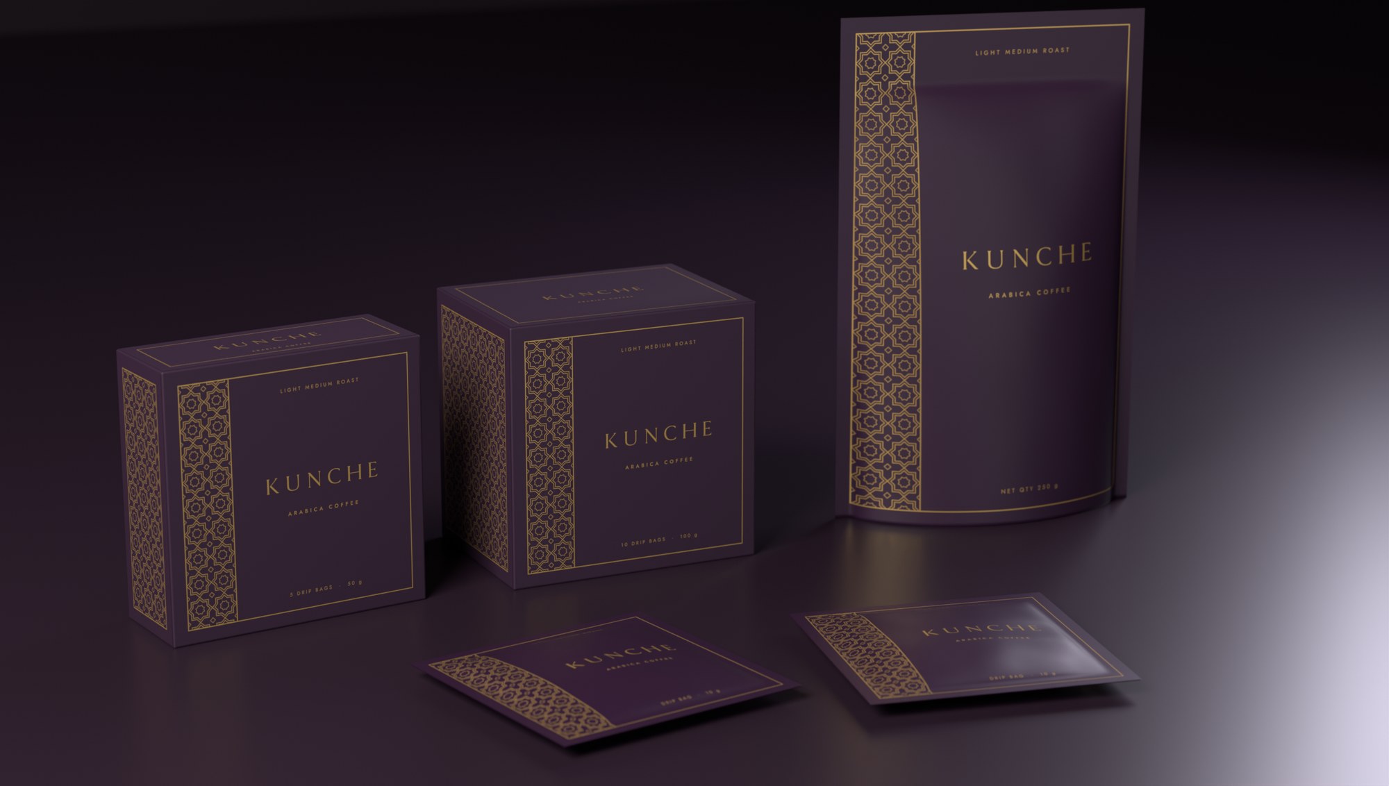 The two Kunche cartons, the pouch and two drip sachets with a band of gold lattice on aubergine
