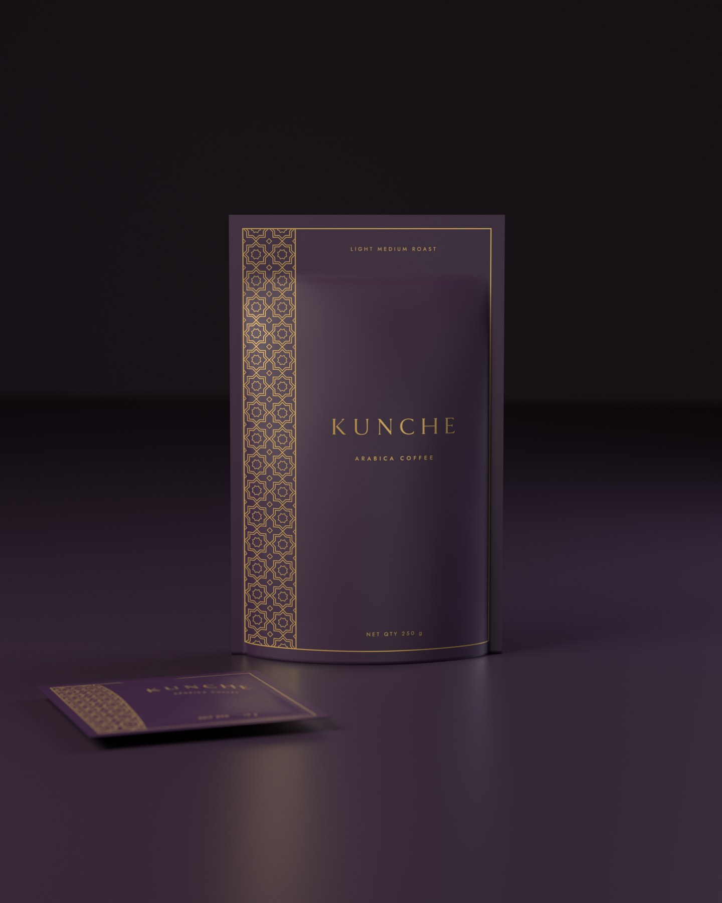The Kunche stand up pouch with its band of gold lattice with a drip sachet in front