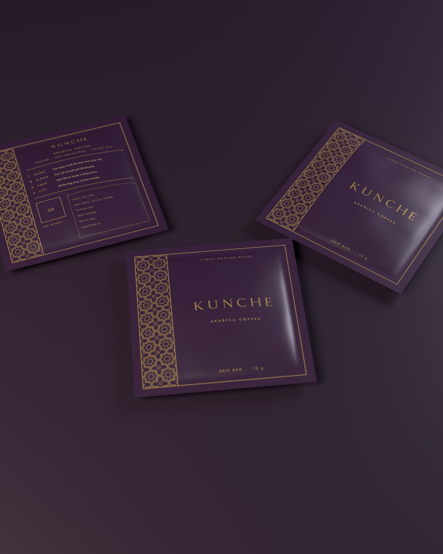 Three Kunche drip sachets, two showing the front and one the back